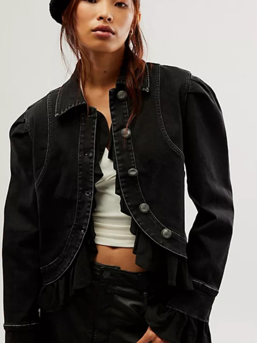Free People Black Ruffle-Trim Puff Shoulder Jean Jacket
